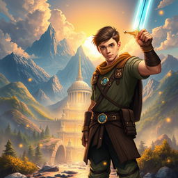 An epic book cover illustration featuring a heroic young man with determined eyes, standing confidently while holding a gleaming sword raised high