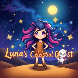 A cute character named Luna stands confidently in a stunning cosmic landscape, her vibrant hair flowing like a galaxy, perfectly capturing the essence of space