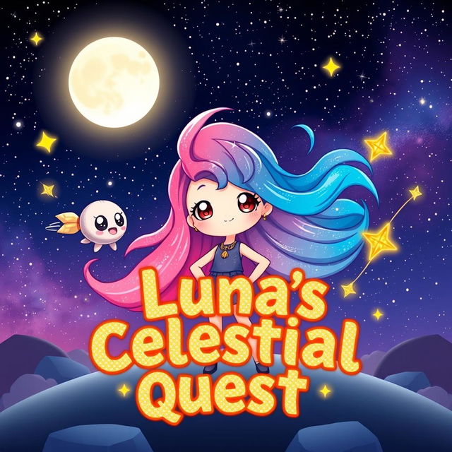 A cute character named Luna stands confidently in a stunning cosmic landscape, her vibrant hair flowing like a galaxy, perfectly capturing the essence of space