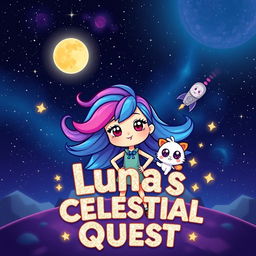 A cute character named Luna stands confidently in a stunning cosmic landscape, her vibrant hair flowing like a galaxy, perfectly capturing the essence of space