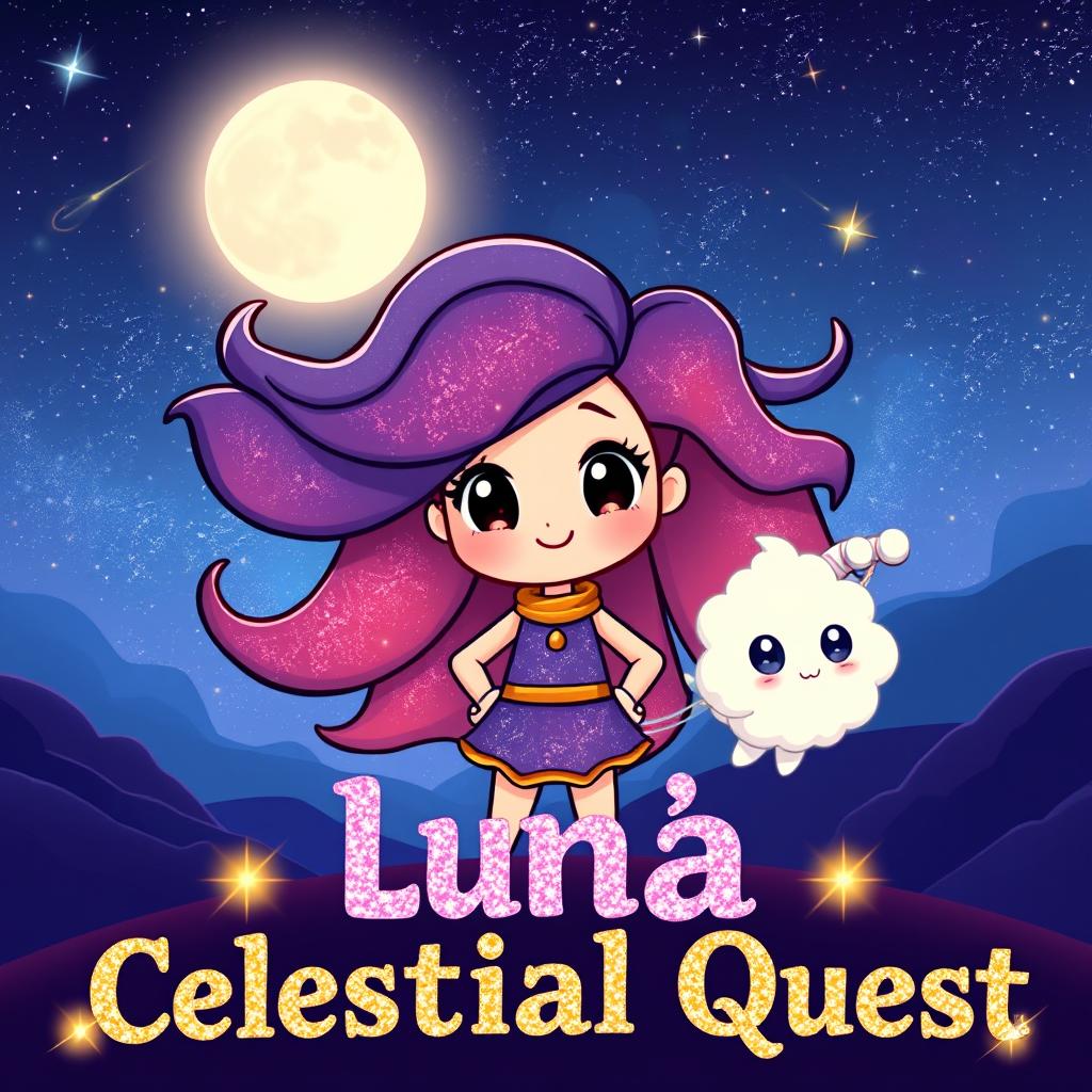 A cute character named Luna stands confidently in a stunning cosmic landscape, her vibrant hair flowing like a galaxy, perfectly capturing the essence of space