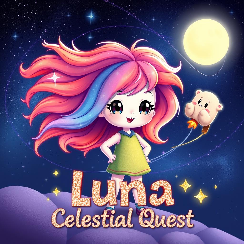 A cute character named Luna stands confidently in a stunning cosmic landscape, her vibrant hair flowing like a galaxy, capturing the beauty of the universe