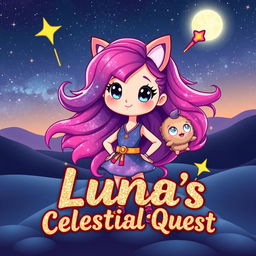 A cute character named Luna stands confidently in a stunning cosmic landscape, her vibrant hair flowing like a galaxy, capturing the beauty of the universe
