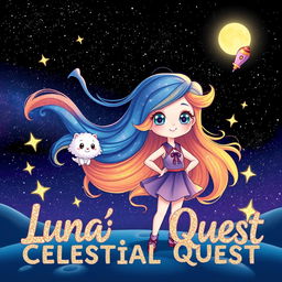 A cute character named Luna stands confidently in a stunning cosmic landscape, her vibrant hair flowing like a galaxy, capturing the beauty of the universe