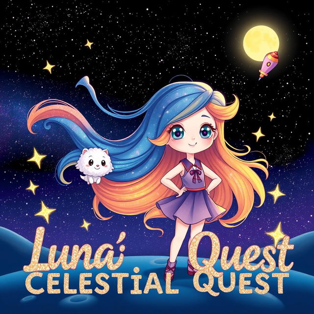 A cute character named Luna stands confidently in a stunning cosmic landscape, her vibrant hair flowing like a galaxy, capturing the beauty of the universe