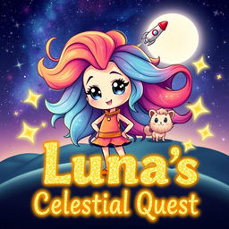 A cute character named Luna stands confidently in a stunning cosmic landscape, her vibrant hair flowing like a galaxy, capturing the beauty of the universe