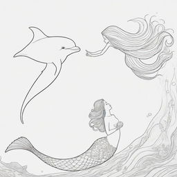 Two-dimensional, black and white cartoon of a mermaid swimming with a dolphin, designed for a colouring page.