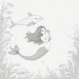 Two-dimensional, black and white cartoon of a mermaid swimming with a dolphin, designed for a colouring page.