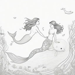 Two-dimensional, black and white cartoon of a mermaid swimming with a dolphin, designed for a colouring page.