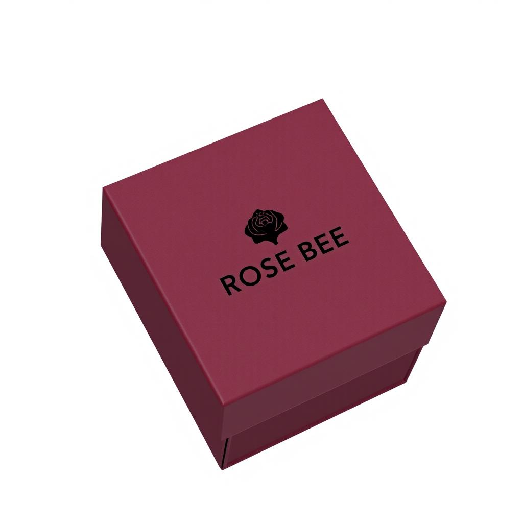 A burgundy cartoon-style watch box featuring a bold black logo that reads 'ROSE BEE'
