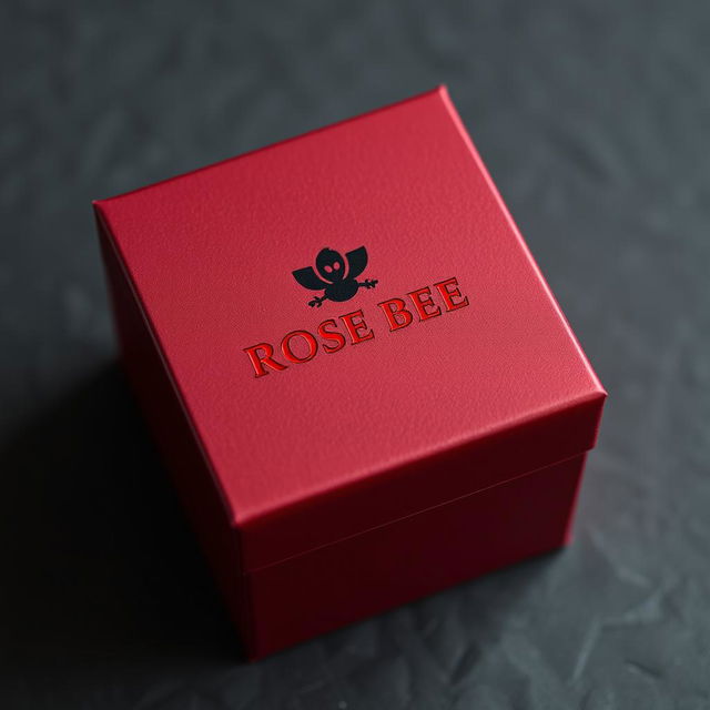 A burgundy cartoon-style watch box featuring a bold black logo that reads 'ROSE BEE'