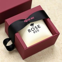A burgundy cartoon-style watch box featuring a bold black logo that reads 'ROSE BEE'