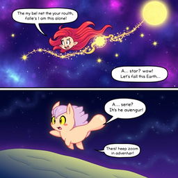 In an exciting panel, Luna spots Comet, who is joyfully zipping around in the vibrant cosmic air, leaving a dazzling trail of sparkles behind him