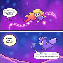 In an exciting panel, Luna spots Comet, who is joyfully zipping around in the vibrant cosmic air, leaving a dazzling trail of sparkles behind him