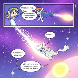 In an enchanting comic panel, Luna spots her friend Comet, who is joyfully zipping through the air, leaving a sparkling trail of magic behind him