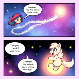 In an enchanting comic panel, Luna spots her friend Comet, who is joyfully zipping through the air, leaving a sparkling trail of magic behind him