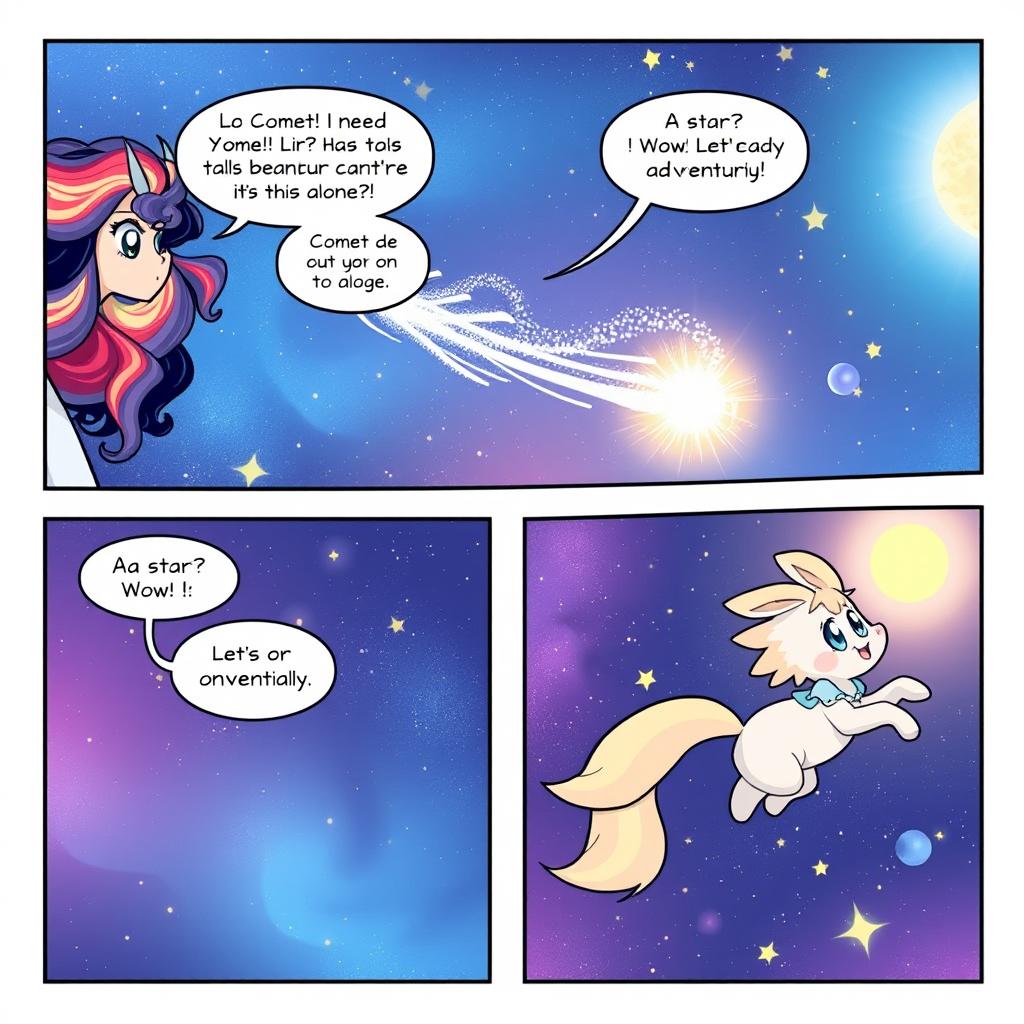 In an enchanting comic panel, Luna spots her friend Comet, who is joyfully zipping through the air, leaving a sparkling trail of magic behind him