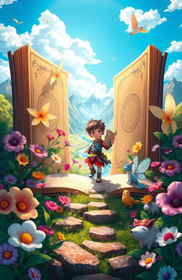 A fantastical scene depicting a character stepping out of a giant, enchanted open book into a vibrant and magical world