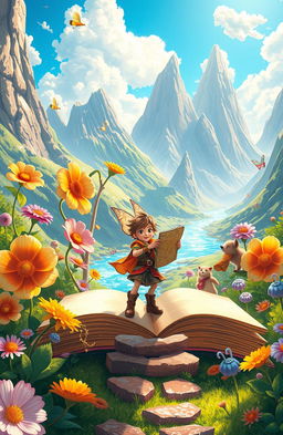 A fantastical scene depicting a character stepping out of a giant, enchanted open book into a vibrant and magical world