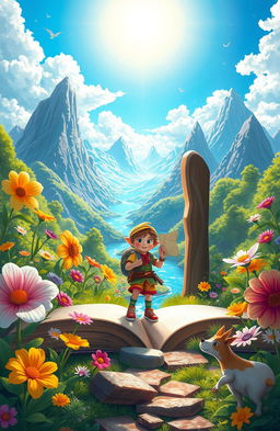 A fantastical scene depicting a character stepping out of a giant, enchanted open book into a vibrant and magical world
