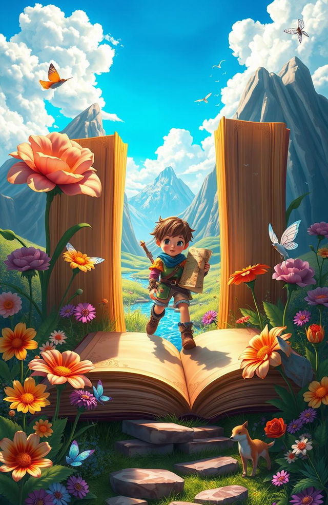 A fantastical scene depicting a character stepping out of a giant, enchanted open book into a vibrant and magical world