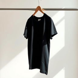 A sleek, black plain t-shirt hanging on a minimalist clothing rack in a modern fashion studio