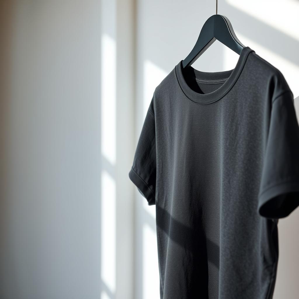 A sleek, black plain t-shirt hanging on a minimalist clothing rack in a modern fashion studio