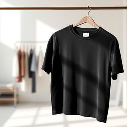 A sleek, black plain t-shirt hanging on a minimalist clothing rack in a modern fashion studio