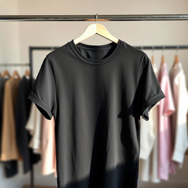 A sleek, black plain t-shirt hanging on a minimalist clothing rack in a modern fashion studio