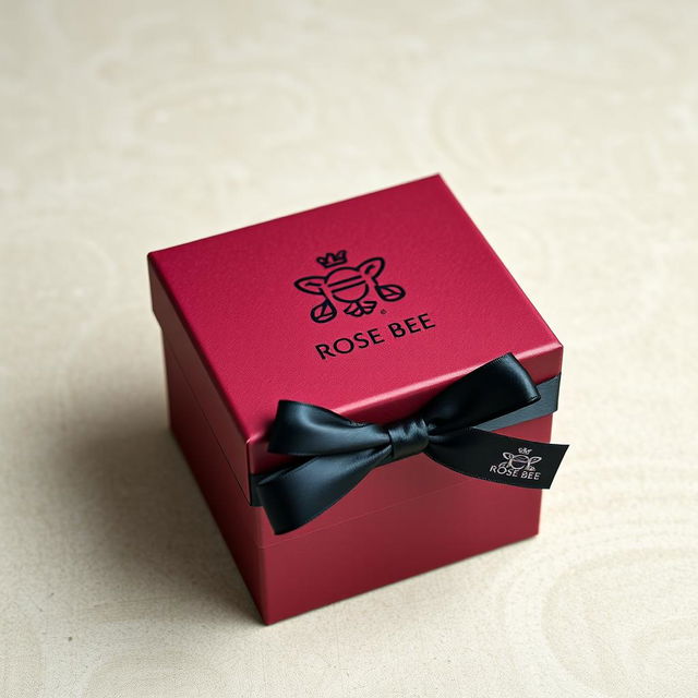 A burgundy cartoon-style watch box prominently featuring a black logo that reads 'ROSE BEE'