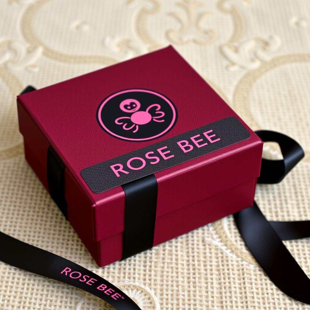 A burgundy cartoon-style watch box prominently featuring a black logo that reads 'ROSE BEE'