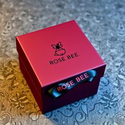 A burgundy cartoon-style watch box prominently featuring a black logo that reads 'ROSE BEE'