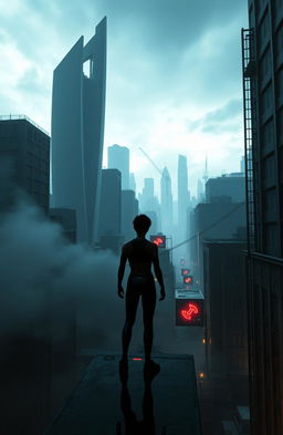 A dark and suspenseful scene set in a futuristic landscape reminiscent of a game like 'Memory's Edge'