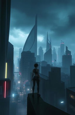 A dark and suspenseful scene set in a futuristic landscape reminiscent of a game like 'Memory's Edge'