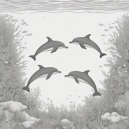 Cartoon-style dolphins swimming under the sea, designed as a two-dimensional colouring page presented in black and white.