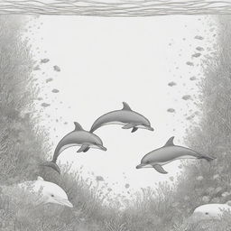 Cartoon-style dolphins swimming under the sea, designed as a two-dimensional colouring page presented in black and white.