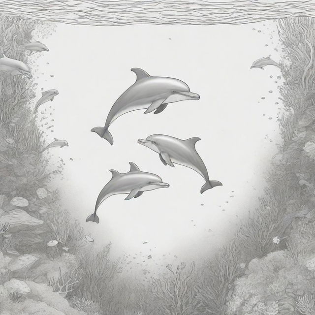 Cartoon-style dolphins swimming under the sea, designed as a two-dimensional colouring page presented in black and white.