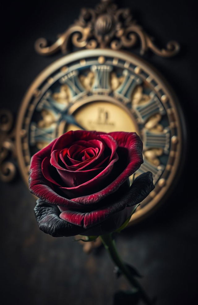 A beautifully detailed dark rose with rich, deep hues of crimson and burgundy, its petals velvety and slightly curled, set against a vintage clock with intricate gold filigree