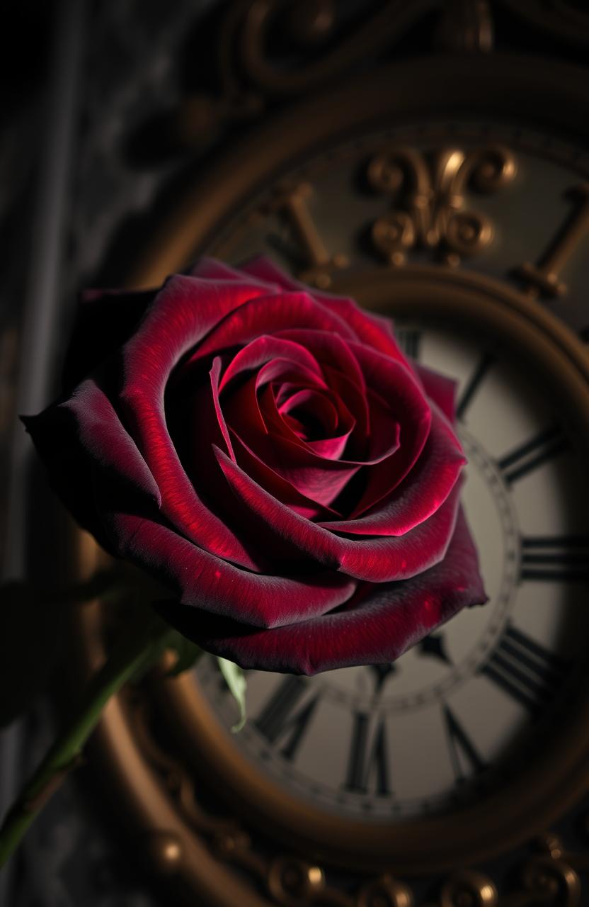 A beautifully detailed dark rose with rich, deep hues of crimson and burgundy, its petals velvety and slightly curled, set against a vintage clock with intricate gold filigree