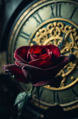 A beautifully detailed dark rose with rich, deep hues of crimson and burgundy, its petals velvety and slightly curled, set against a vintage clock with intricate gold filigree