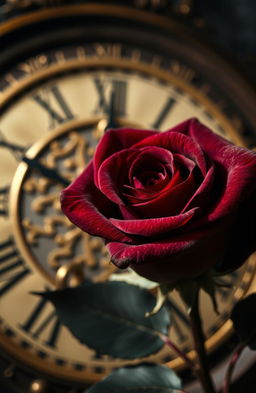 A beautifully detailed dark rose with rich, deep hues of crimson and burgundy, its petals velvety and slightly curled, set against a vintage clock with intricate gold filigree