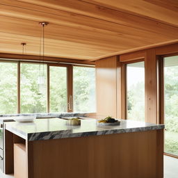 Generate a cozy, bright, modern kitchen with stainless steel appliances, a central island, marble countertops, and wooden cabinets. Natural light should be flowing through large windows.