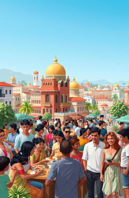 A vibrant scene depicting a diverse group of people in a bustling cityscape of a foreign country, showcasing individuals from different backgrounds thriving together