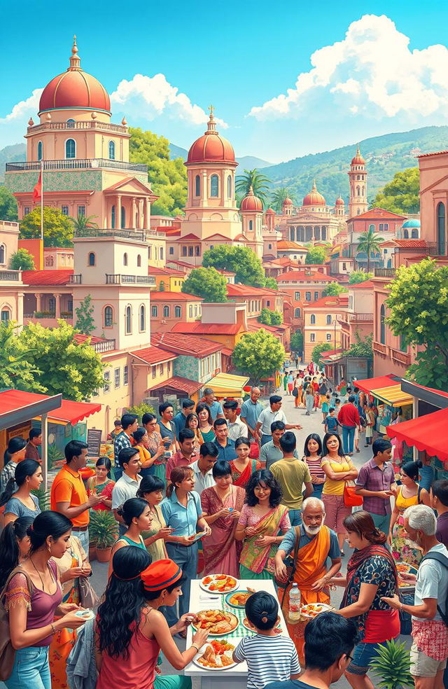 A vibrant scene depicting a diverse group of people in a bustling cityscape of a foreign country, showcasing individuals from different backgrounds thriving together