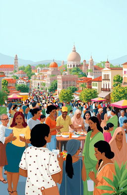 A vibrant scene depicting a diverse group of people in a bustling cityscape of a foreign country, showcasing individuals from different backgrounds thriving together