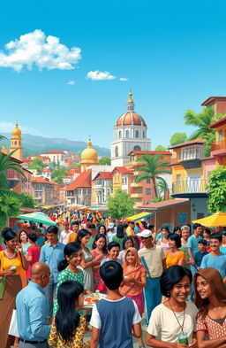 A vibrant scene depicting a diverse group of people in a bustling cityscape of a foreign country, showcasing individuals from different backgrounds thriving together