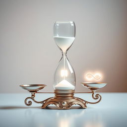 An elegant hourglass positioned on a beautifully crafted weighing scale, where one side holds a delicate infinity symbol made of light