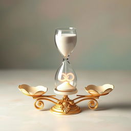 An elegant hourglass positioned on a beautifully crafted weighing scale, where one side holds a delicate infinity symbol made of light