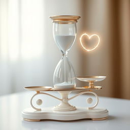 An elegant hourglass positioned on a beautifully crafted weighing scale, where one side holds a delicate infinity symbol made of light