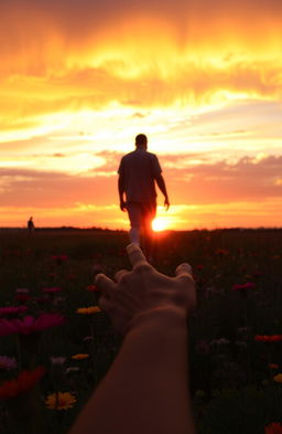 A picturesque scene featuring a vibrant field of wildflowers in a stunning sunset, with silhouettes of two men walking away from each other